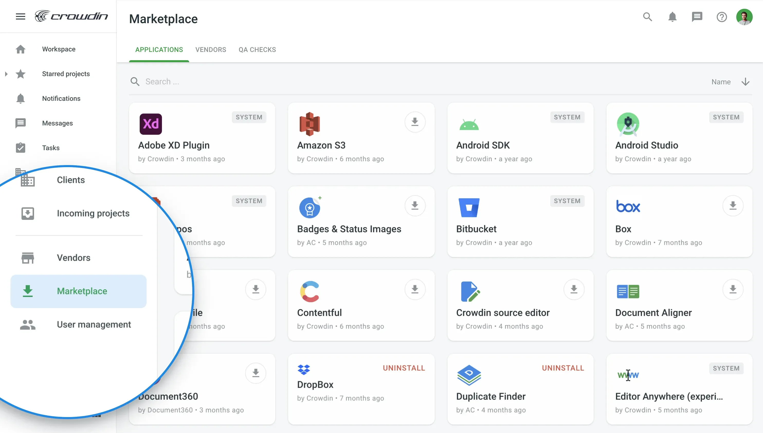 Screenshot of the app Marketplace in the Crowdin Enterprise UI.